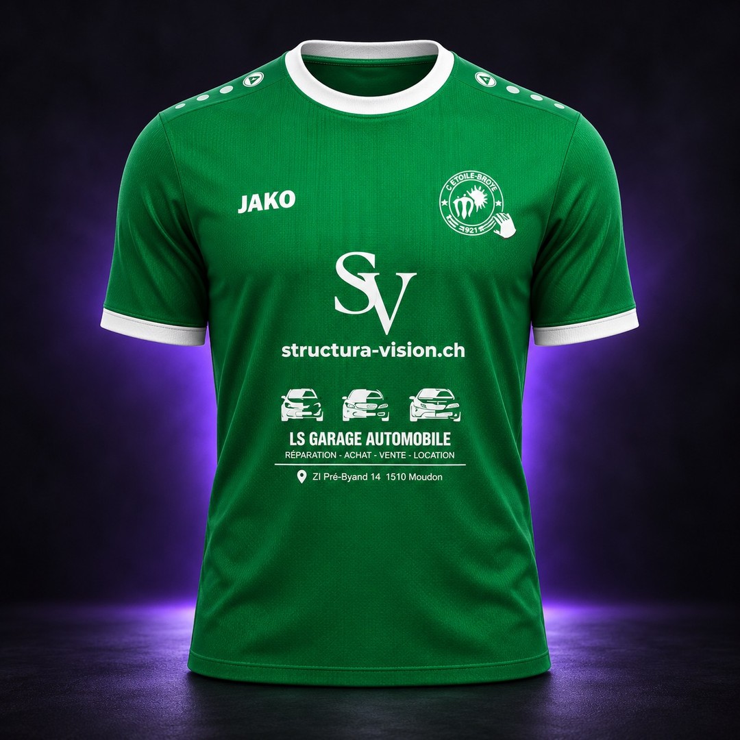 Maillot du FC Étoile-Broye soutenu par Structura Vision et LS Garage Automobile